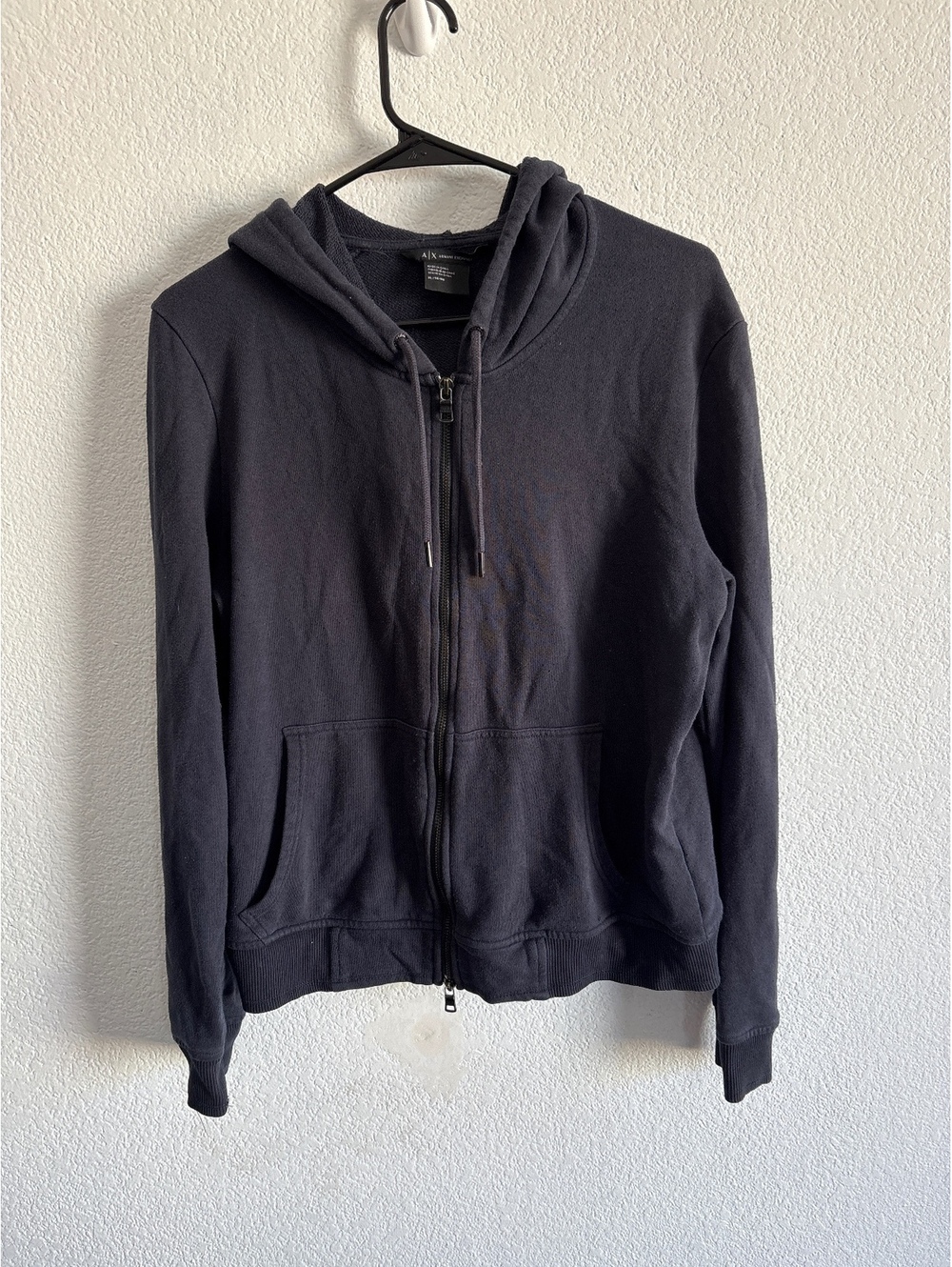 Armani Exchange women’s Black Full-Zip Hoodie with Embellished Logo, Size XL